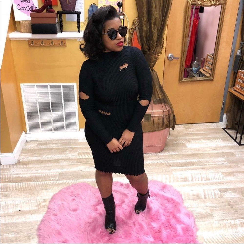 Black Stretch Turtle neck distressed midi dress